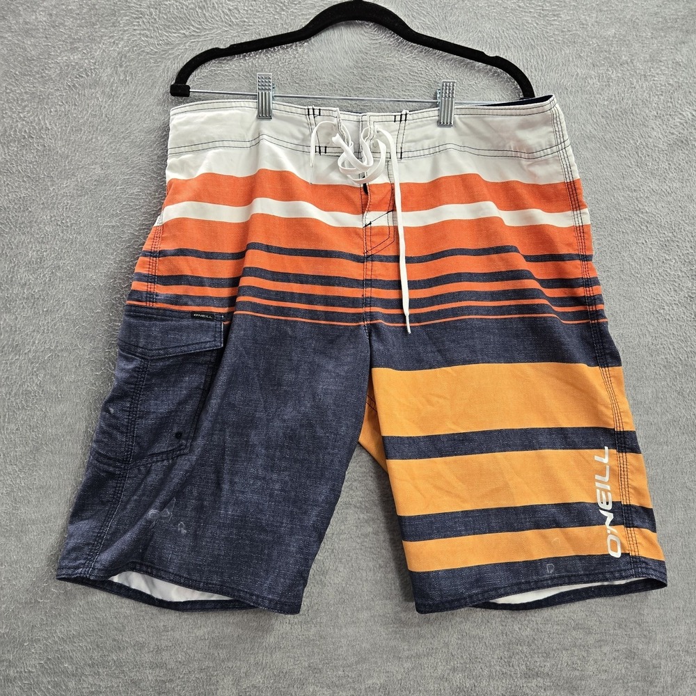 O'Neill Men Swimwear 34 Orange Cargo Board Shorts Striped Logo 10.5"‎ Inseam